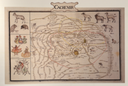 Elaborately illustrated map of the Kashmir Subah of the Mughal Empire, commissioned by Jean Baptiste Joseph Gentil, ca.1770