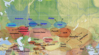 The Gorokhovo culture and Eurasian archaeological cultures in the Iron Age (ca. 800–100 BCE) with their approximate ranges. Cultures in the Seima-Turbino zone are indicated with blue letters.[4]