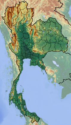 Mapa konturowa Tajlandii, blisko centrum na lewo znajduje się punkt z opisem „Bangkok”