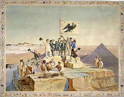 Die Pruisiese vlag word op die Groot Piramide van Giza gehys, litografie deur Johann Jakob Frey (1813–1865).