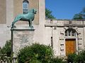 Cambridge, Massachusetts: Lion in front of Adolphus Busch Hall, Harvard University