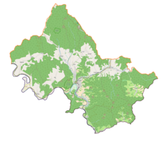 Mapa konturowa gminy Muszyna, blisko dolnej krawiędzi nieco na prawo znajduje się punkt z opisem „Leluchów, cerkiew”