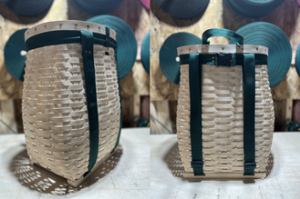 A three-quarters front view (left) and back view (right) of a modern pack basket manufactured by Pack Baskets of Maine. The basket is woven from maple strips and has green canvas straps to be carried on the back.