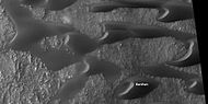 Close view of sand dunes, as seen by HiRISE under HiWish program A birchen dune is labeled.