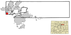 Location of the Berkley CDP in Adams County, Colorado.