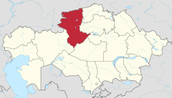 Map of Kazakhstan, location of Kostanay Province highlighted