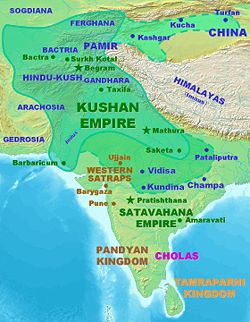 Kushan territories (full line) and maximum extent of Kushan dominions under Kanishka (dotted line), according to the Rabatak inscription.[1]