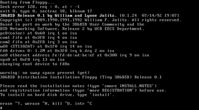 Captura de pantalla del instalador de 386BSD. 386BSD fue uno de los primeros port de BSD en la arquitectura Intel 80386.