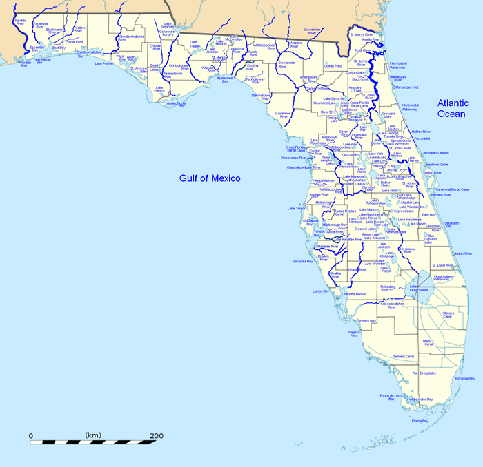 High-resolution map of the state of Florida with all major waterways