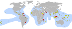 Área de distribución da especie e lugares de posta.[2] Vermello: Principais. Amarelo: Outros.