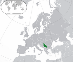 Location of Serbia in (green) and Europe in (dark grey).
