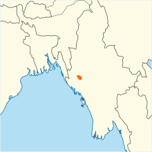 Carte de répartition situant la distribution, très restreinte, au centre-Ouest de la Birmanie.