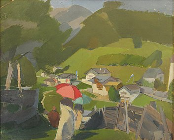 Konrad Westermayr: Ramsau, zwei Damen mit Sonnenschirm (1911) Blick etwa vom Riesenbichl in Richtung Dorfmitte Ramsaus mit Kunterwegkogel und Teilen der Reiteralpe.