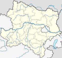 Mapa konturowa Dolnej Austrii, po prawej nieco na dole znajduje się punkt z opisem „Seibersdorf”