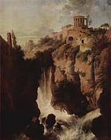 The Temple of Vesta in Tivoli, Italy was the subject of many romantic landscape paintings in the 18th and 19th centuries. This one is by Christian Dietrich, from about 1750.
