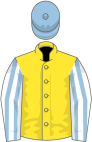 Yellow, white sleeves, light blue striped, light blue cap