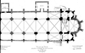 Planta basilical sin transepto, de tres naves y tres ábsides orientados (iglesia Saint-Pierre de Montmartre)