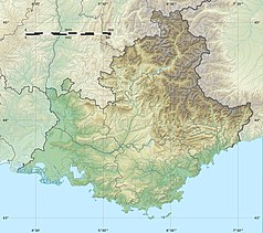 Mapa konturowa regionu Prowansja-Alpy-Lazurowe Wybrzeże, po prawej nieco na dole znajduje się punkt z opisem „Nicea”