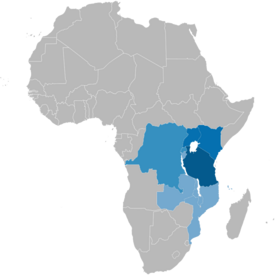 Swahilin kielen puhuma-alue.