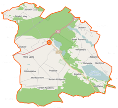 Mapa konturowa gminy Łąck, po lewej nieco na dole znajduje się punkt z opisem „Kościuszków”
