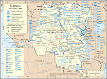 A map of the Democratic Republic of the Congo marked with military map symbols showing type, nationality and location of MONUC units.