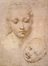 Raphaël, Étude de têtes, mère et enfant, ca. 1509-11.