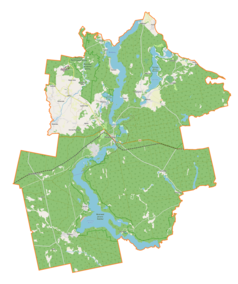 Mapa konturowa gminy Ruciane-Nida, u góry po lewej znajduje się punkt z opisem „Kadzidłowo”