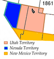 Image 41The Nevada 1861 territory boundary (blue) changed three times: 1864 statehood shifted eastern border from 39th to 38th meridian, 1866 May 5; east border (pink) moved eastward 53.3 mi (85.8 km), from the 38th to 37th meridian, and 1867 January 18; south boundary (yellow) moved from the 37th parallel north southward to the current boundary (14 Stat. 43) (from History of Nevada)