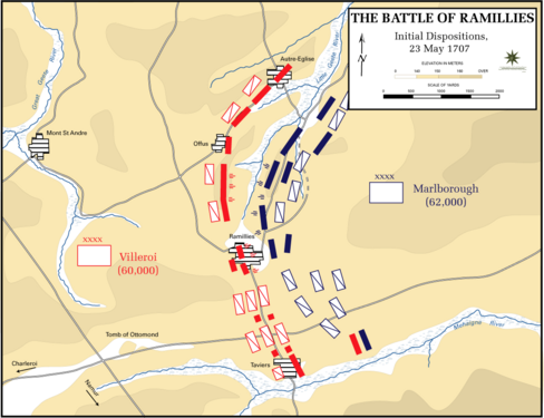 Le dispositif initial : les deux adversaires (Franco-bavarois : rouge ; Coalisés : bleu) déploient le gros de leur cavalerie au sud, entre Taviers et Ramillies, et c'est là que Marlborough va percer le dispositif français.