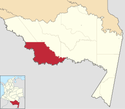 Location of the municipality and town of El Encanto in the Amazonas Department of Colombia