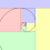 animiertes GIF: Quadrate in vier verschiedenen Farben, die von außen nach innen jeweils ein Größenverhältnis haben, das dem Goldenen Schnitt entspricht. Die Animation folgt einer zentripetalen Vergrößerung, wodurch die Geometrie eine Spirale beschreibt.