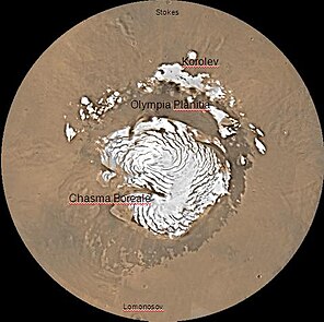 Карта квадрангла Mare Boreum із позначенням найбільших кратерів