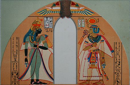 Amenhotep I samen met zijn moeder Ahmose-Nefertari (1881), tekening van fresco uit het boek Illustrierte Culturgeschichte für Leser aller Stände van Carl Faulmann