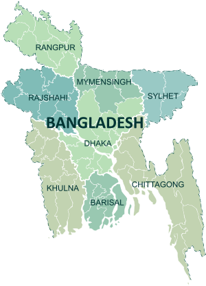 Um mapa clicável do Bangladesh exibindo suas divisões.