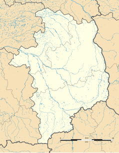 Mapa konturowa Cher, blisko centrum na prawo znajduje się punkt z opisem „Baugy”