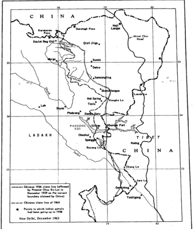 中国1956年和1960年在拉达克边界线（中央情报局提供的地图）