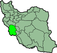 Map of Iran with ख़ूज़स्तान highlighted.