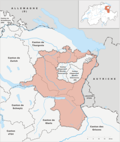 Mapa konturowa Sankt Gallen, po lewej nieco na dole znajduje się punkt z opisem „Muzeum Polskie w Rapperswilu”