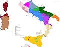 Mappa delle lingue del sud Italia mostrante i singoli comuni con i confini amministrativi di regioni e comuni del 2015