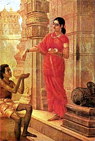 Senyora donant almoina en un temple