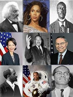 Híres afroamerikaiak (balról jobbra, fentről lefele): Frederick Douglass, Beyoncé Knowles, Henry Johnson, Condoleezza Rice, Martin Luther King, Colin Powell, W. E. B. Du Bois, Robert Lee Curbeam, Malcolm X