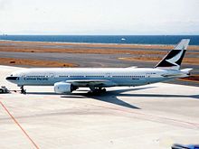 A Cathay Pacific Boeing 777-200 on the tarmac