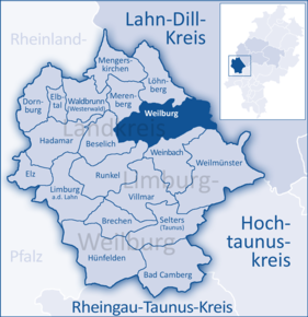 Poziția orașului Weilburg pe harta districtului Limburg-Weilburg