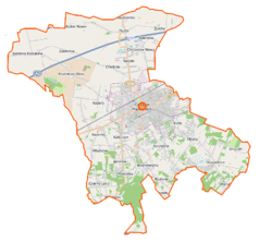 Mapa konturowa gminy Grodzisk Mazowiecki, w centrum znajduje się punkt z opisem „Grodzisk Mazowiecki”