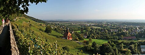 Blick über den königlichen Weinberg und die Weinbergkirche in Richtung Sächsische Schweiz