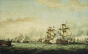 The Battle of the Saintes, 12 April 1782: surrender of the Ville de Paris by Thomas Whitcombe, painted 1783, shows Hood's Barfleur, centre, attacking the French flagship Ville de Paris, right.