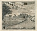 Gezicht op Kasteel Batavia vanaf de brug bij de compagniesstallen, Johann Wolfgang Heydt (tekenaar) en Andreas Hoffer (graveur en etser), 1738, koperdruk op papier, collectie Koninklijke Bibliotheek, 's-Gravenhage