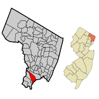 Map highlighting East Rutherford's location within Bergen County. Inset: Bergen County's location within New Jersey