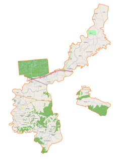 Mapa konturowa gminy wiejskiej Bochnia, po prawej nieco na dole znajduje się punkt z opisem „Kościół św. Stanisława Biskupa”