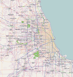 Mapa konturowa Chicago, blisko centrum po prawej na dole znajduje się punkt z opisem „MDW”